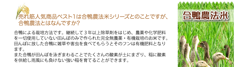 Q.合鴨農法とはなんですか?
A.合鴨による栽培方法です。継続して３年以上除草剤をはじめ、農薬や化学肥料を一切使用していない田んぼのみで作られた完全無農薬・有機栽培のお米です。
田んぼに放した合鴨に雑草や害虫を食べてもらうとそのフンは有機肥料となります。
また合鴨が田んぼを泳ぎまわることでたくさんの酸素が土にまざり、稲に酸素を供給し雨風にも負けない強い稲を育てることができます。