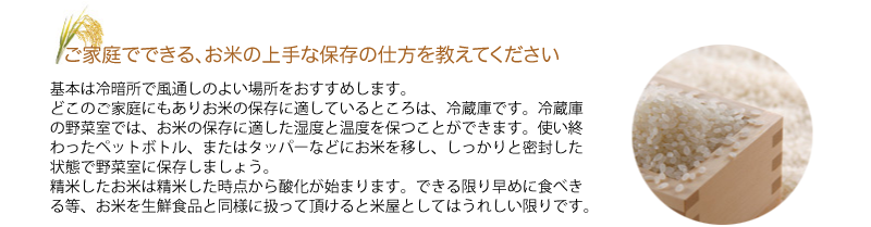 Q.ご家庭でできる、お米の上手な保存の仕方を教えてください
A.基本は冷暗所で風通しのよい場所をおすすめします。
どこのご家庭にもありお米の保存に適しているところは、冷蔵庫です。冷蔵庫の野菜室では、お米の保存に適した湿度と温度を保つ事ができます。使い終わったペットボトル、またはタッパーなどにお米を移し、しっかりと密封した状態で野菜室に保存しましょう。
精米したお米は精米した時点から酸化が始まります。できる限り早めに食べきる等、
お米を生鮮食品と同様に扱って頂けると米屋としてはうれしい限りです。
