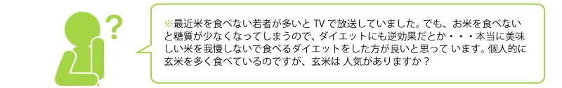 最近米を食べない若者が多いとTVで放送していました。 でも、お米を食べにと糖質が少なくなってしまうので、 ダイエットにも逆効果だとか・・・本当に美味しい米を 
我慢しないで食べるダイエットをした方が良いと思っています。 個人的に玄米を多く食べているのですが、玄米は人気がありますか？
