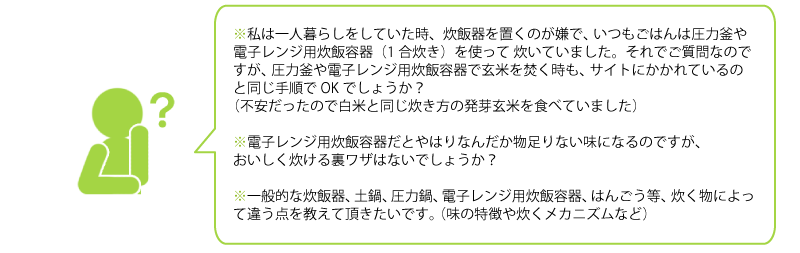 私は一人暮らしをしていた時、炊飯器を置くのが嫌で、 いつもごはんは圧力釜や電子レンジ用炊飯容器（1合炊き）を使って 炊いていました。それでご質問なのですが、 
圧力釜や電子レンジ用炊飯容器で玄米を焚く時も、 サイトにかかれているのと同じ手順でOKでしょうか？ 
（不安だったので白米と同じ炊き方の発芽玄米を食べていました） 
電子レンジ用炊飯容器だとやはりなんだか物足りない味になるのですが、 
おいしく炊ける裏ワザはないでしょうか？ 
一般的な炊飯器、土鍋、圧力鍋、電子レンジ用炊飯容器、はんごう等、 炊く物によって違う点を教えて頂きたいです。 （味の特徴や炊くメカニズムなど） 
ちなみに、もしご採用されたら圧力鍋で炊く予定です！宜しくお願い致します。